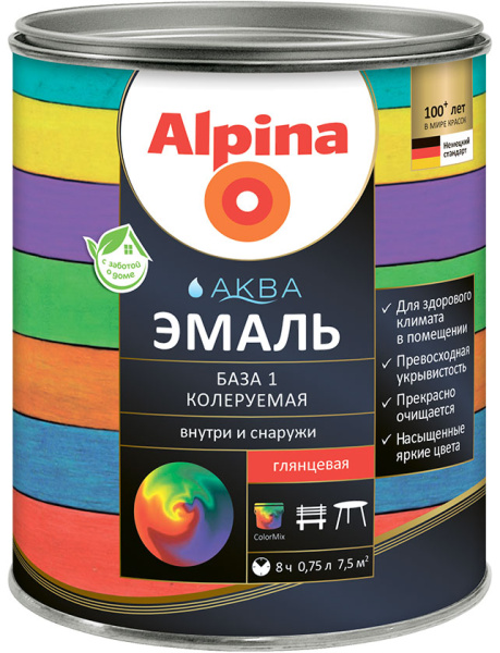 Эмаль акриловая водно-дисперсионная Alpina Аква База 1 глянцевая (0,9 л/1,10 кг) в Минске - изображение Изображение: эмаль акриловая водно-дисперсионная alpina аква база 1 глянцевая (0,9 л/1,10 кг) в Минске